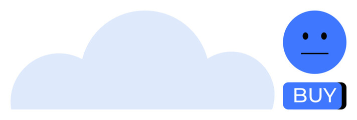 Simplistic blue cloud with an emotionless blue emotion face beside a BUY button. Ideal for cloud computing, storage services, digital purchases, online services, e-commerce, technology products
