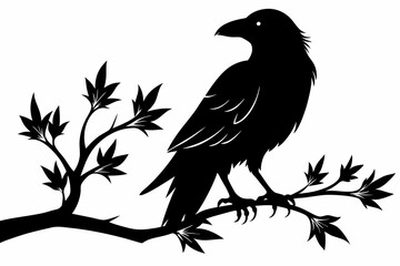 crow setting on a branch line art silhouette vector illustration