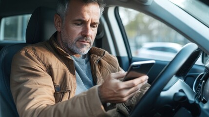 Man using his smartphone while driving a car, highlighting the social issue of distraction while driving.