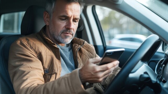 Man using his smartphone while driving a car, highlighting the social issue of distraction while driving.