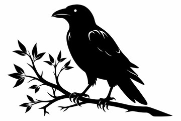 crow setting on a branch line art silhouette vector illustration