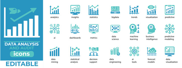 Data Analysis and Audit Vector Icon Set  AI, Dashboards, Trends, Metrics, Predictive Models Editable Design
