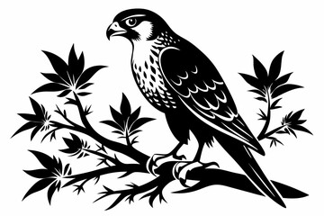 falcon on the tree branch line art silhouette vector illustration