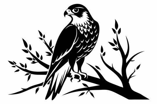 recommend clip art: falcon on the tree branch line art silhouette vector illustration