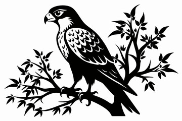 falcon on the tree branch line art silhouette vector illustration