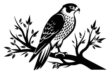 falcon on the tree branch line art silhouette vector illustration
