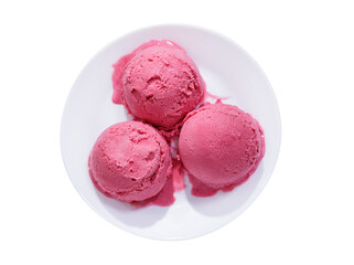 plate of blueberry ice cream scoops isolated on transparent background, top view