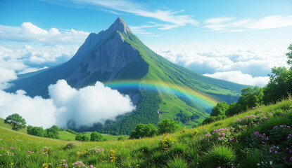 Fototapeta premium Rainbow over mountain landscape with clouds