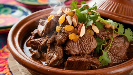 Moroccan beef tajine, which shows how a juicy brown crust is slowly cooked in a traditional clay pot. The fragrant dish is decorated with fresh cilantro, golden raisins and toasted almonds.