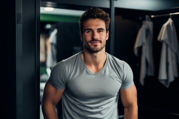 Obraz premium Portrait of a muscular sportsman smiling in the locker room of a gym after a workout