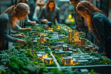 In a bustling workshop, a diverse group of urban planners collaborates to shape the future