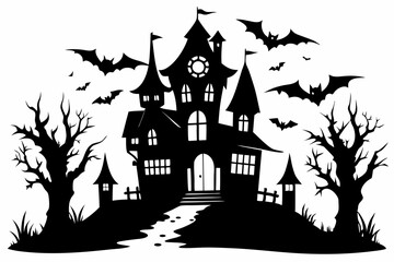 Haunted Halloween house line art silhouette vector illustration