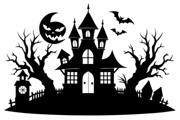 Haunted Halloween house line art silhouette vector illustration