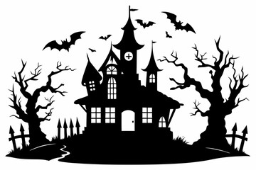 Haunted Halloween house line art silhouette vector illustration
