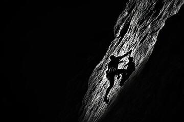 Silhouetted climbers ascend steep, textured rock face.