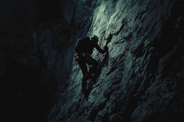 Obraz premium Climber ascends dark, textured rock face.
