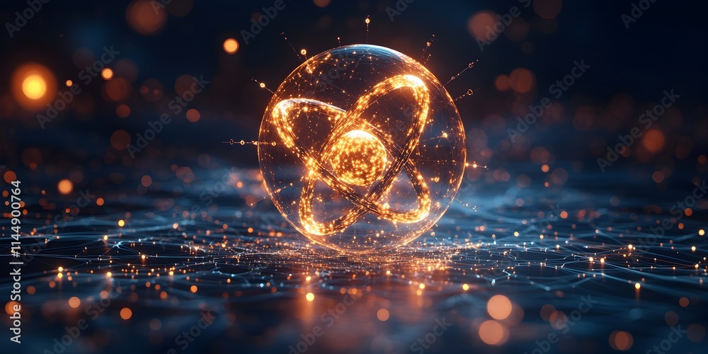 Poster exploded 3d render of a technetium atom deconstructing its subatomic structure and demonstrating its