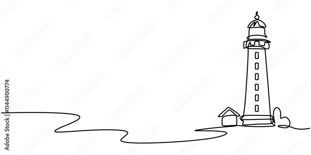 Poster Continuous one line drawing of lighthouse tower.Vector illustration, Continuous one line drawing of lighthouse tower on the ocean. One line drawing illustration of lighthouse tower. Searchlight pro.