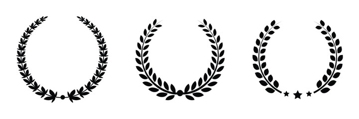 Laurel wreath icon set. Vintage laurel wreaths. Trophy crest. Greek olive branch award. Black silhouette circular laurel foliate, wheat and oak wreaths depicting an award achievement, emblem.