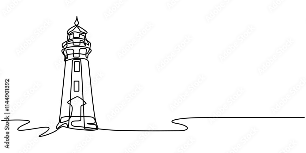 Poster Continuous one line drawing of lighthouse tower.Vector illustration, Continuous one line drawing of lighthouse tower on the ocean. One line drawing illustration of lighthouse tower. Searchlight pro.
