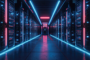 Fototapeta premium Neon-lit data center with rows of server racks reflecting futuristic ambiance