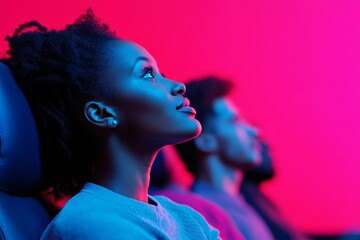 Neon-Lit Theater Diverse Friends Immersed in Futuristic Cinematic Experience