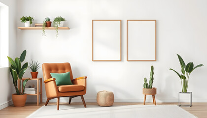 Fototapeta premium Interior design of retro living room with stylish vintage armchair, shelf, house plants, cacti, decoration, carpet and two mock up poster frames on the white wall. Botany home decor. Template, smoot