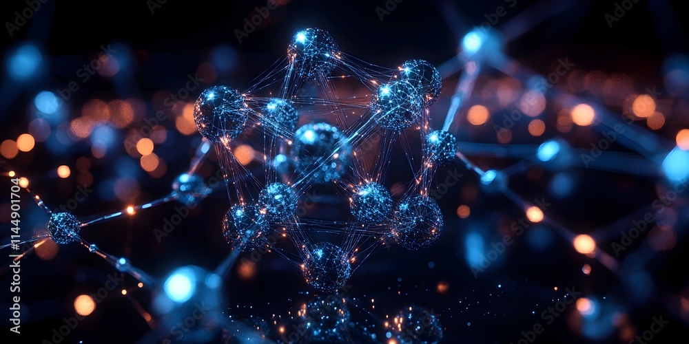 Poster stylized 3d visualization of a technetium atom highlighting the unique properties of its electron an