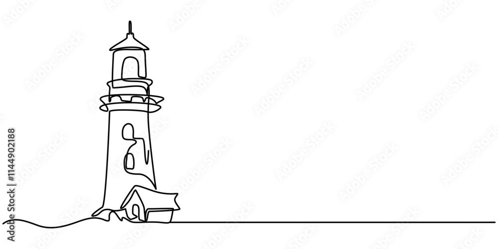 Poster Continuous one line drawing of lighthouse tower.Vector illustration, Continuous one line drawing of lighthouse tower on the ocean. One line drawing illustration of lighthouse tower. Searchlight pro.