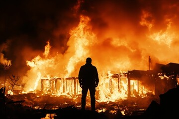 Silhouette observes intense building fire at night.