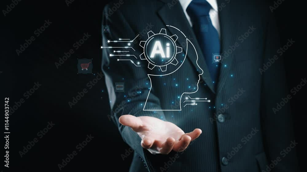 Poster human interact with ai artificial intelligence brain processor in concept of ai artificial intellige