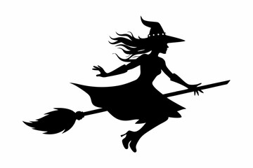 Fototapeta premium witch flying on a broomstick line art silhouette vector illustration