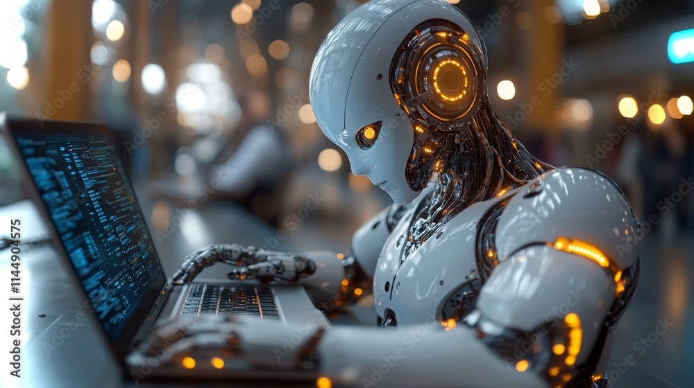 Poster training program for ai developers featuring an advanced robot working on a laptop