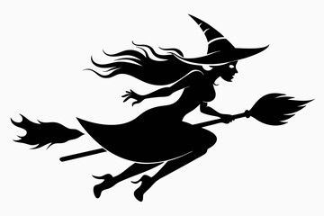 witch flying on a broomstick line art silhouette vector illustration