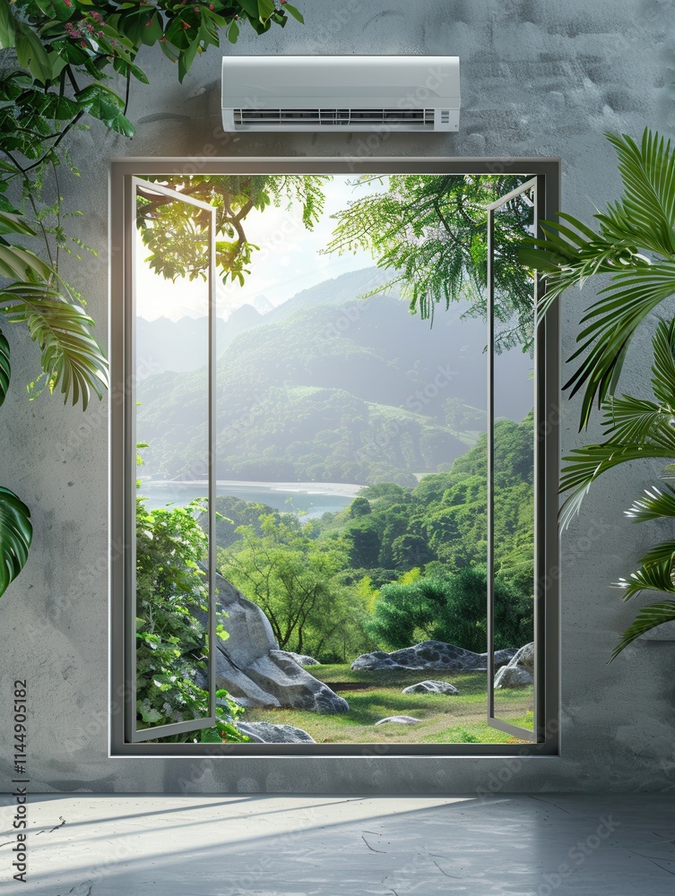Poster air conditioner mounted on wall next to an open window with a view of lush greenery and mountains du