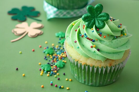 A festive scene with a decorated cupcake, a wooden block calendar showing a date, a party hat, and scattered coins, symbolizing celebration and good fortune.