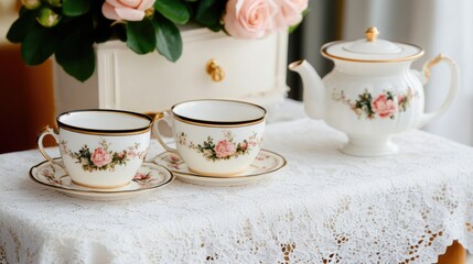 Elegant Teapot and Tea Cups on Lace Tablecloth