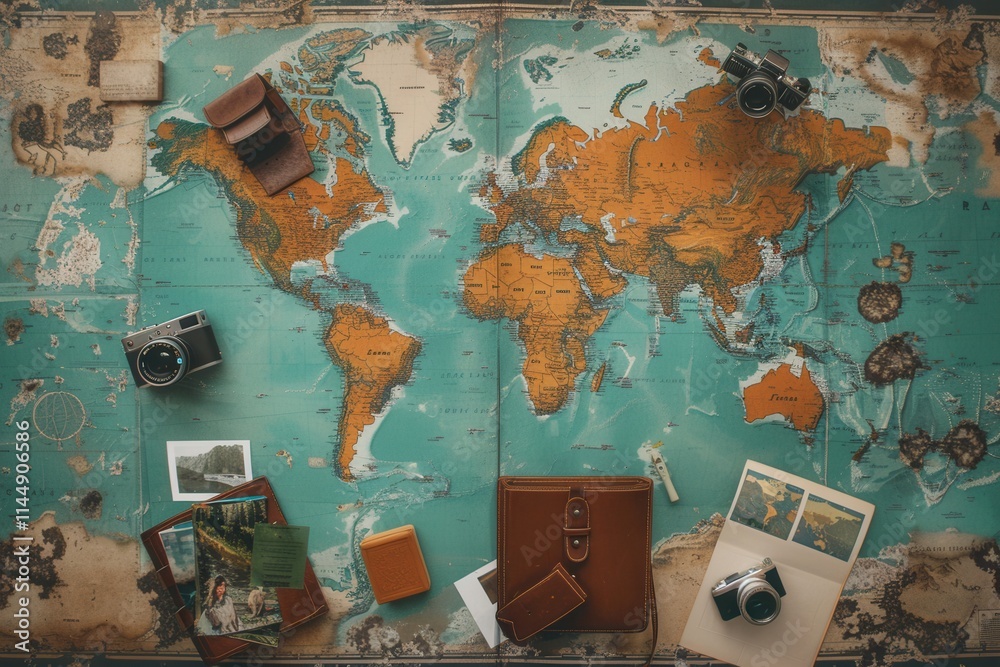 Fototapete travel memories displayed on world map backdrop with copy space for text. generative ai