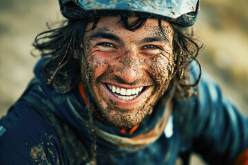 Young hispanic male cyclist smiling with mud-covered face during outdoor adventure