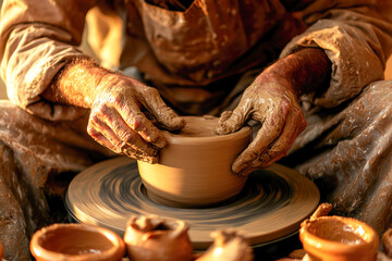 Caucasian mature male artisan shaping clay pot on wheel with skilled hands
