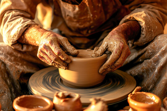 Caucasian mature male artisan shaping clay pot on wheel with skilled hands