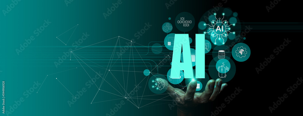 Poster Artificial Intelligence Concept with Digital Network and Hand Reaching AI Elements