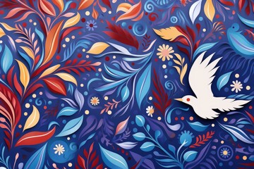 White dove soaring gracefully amidst vibrant blossoms and leaves, embodying peace, hope, and natural beauty