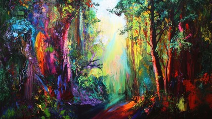 Enchanting forest scenery filled with vibrant colors, towering trees, cascading waterfall, and sunbeams piercing through the lush canopy, creating a mystical atmosphere.