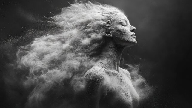 A captivating black-and-white depiction of a dancer frozen in motion, their body transforming into a swirl of powder and dust, showcasing elegance, strength, and dynamic energy.