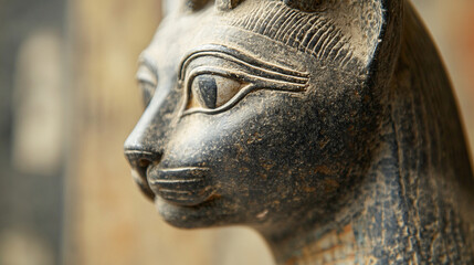 Close-up of a statue of Bastet, the cat goddess, with fine facial details.