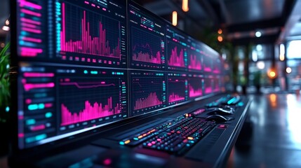 Fototapeta premium AI analyzes real-time market data with vibrant visualizations in a modern workspace