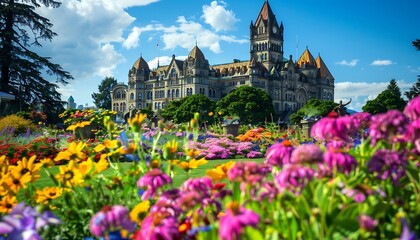 Fototapeta premium Magic world of flowers. Fairy tale castle in the park. Magical world of flowers.