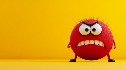 Fototapeta premium Red angry looking character with a big mouth and a big eye. The cartoon is on a yellow background