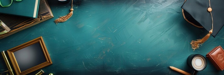 Graduation celebration with framed portrait and academic items set up on a colorful backdrop ready for display. Generative AI